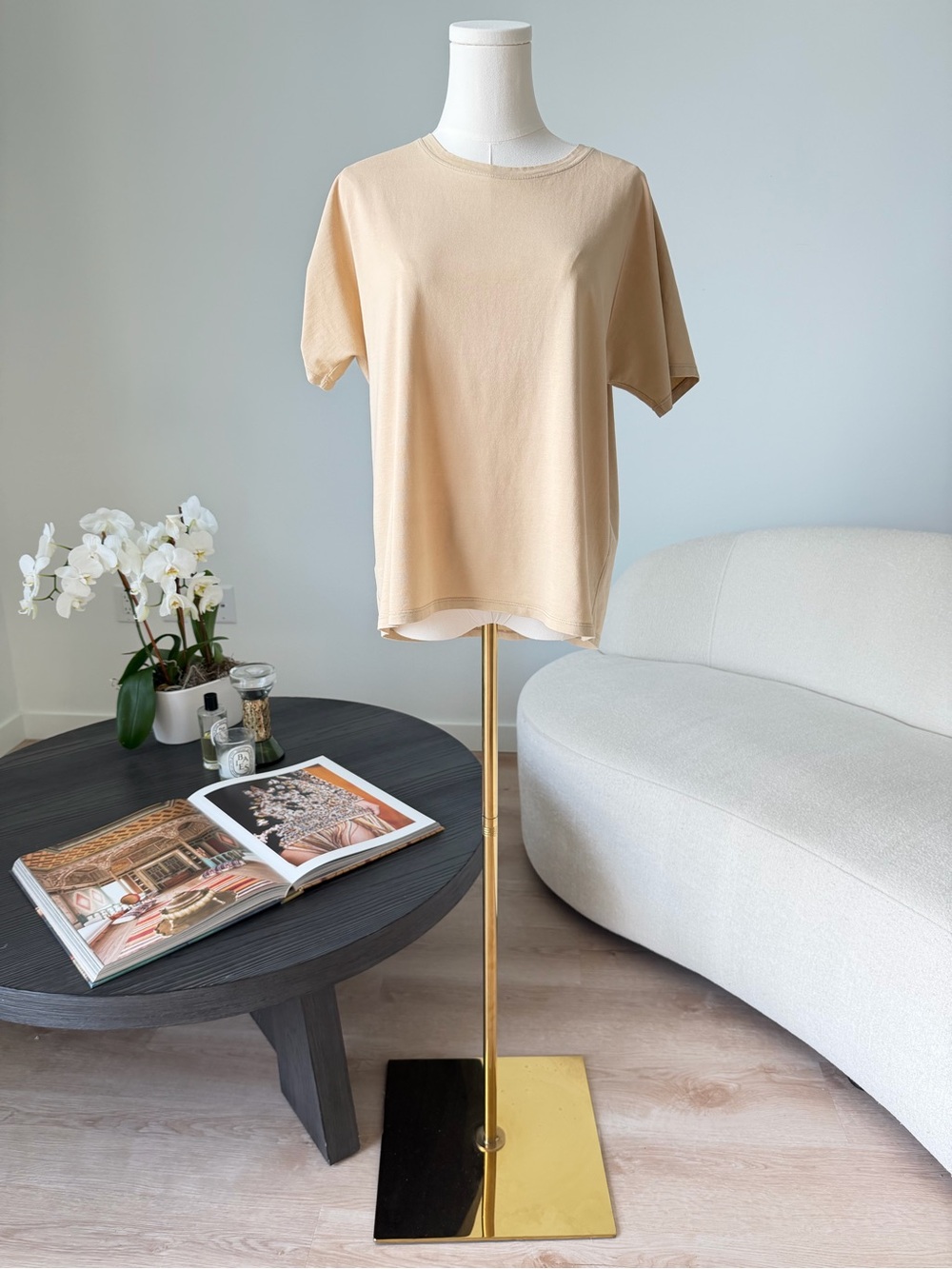 Massimo Dutti Organic Cotton Beige Crew Neck T-Shirt Short Sleeve Size M $60